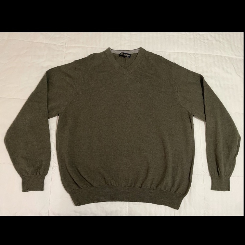 Garret Scott Sweater Mens XXL Olive Green V-Neck Knit Pullover 100% Merino Wool